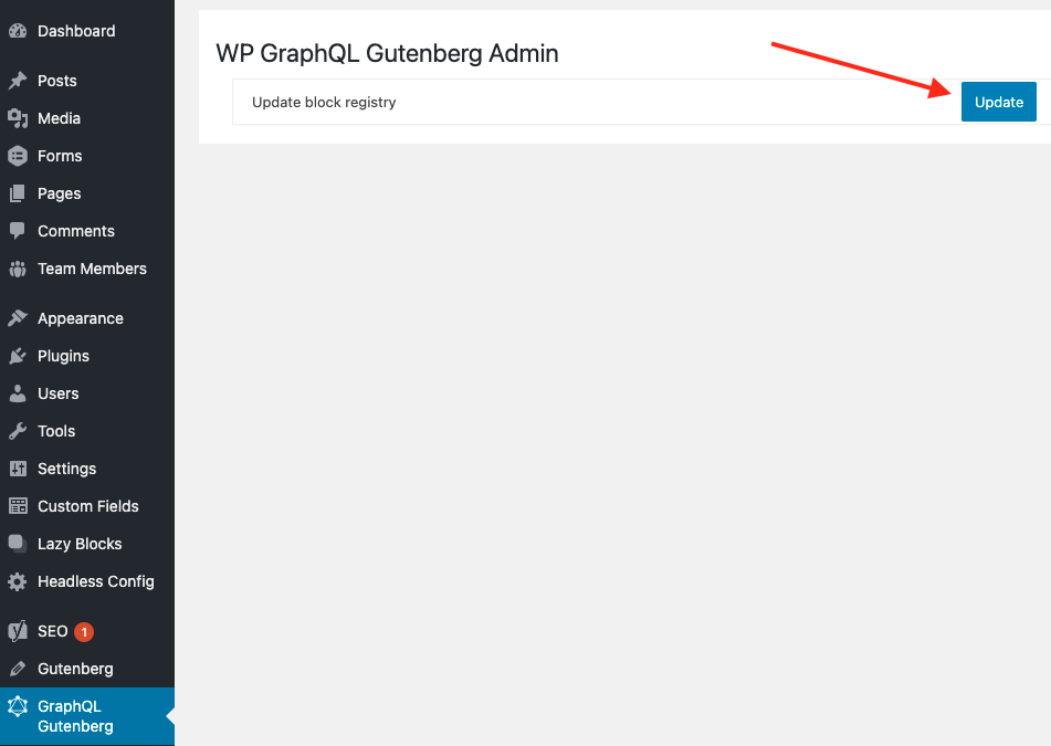 screenshot of updating graphql gutenberg