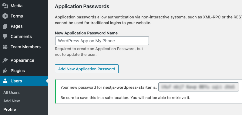 screenshot of setting application password